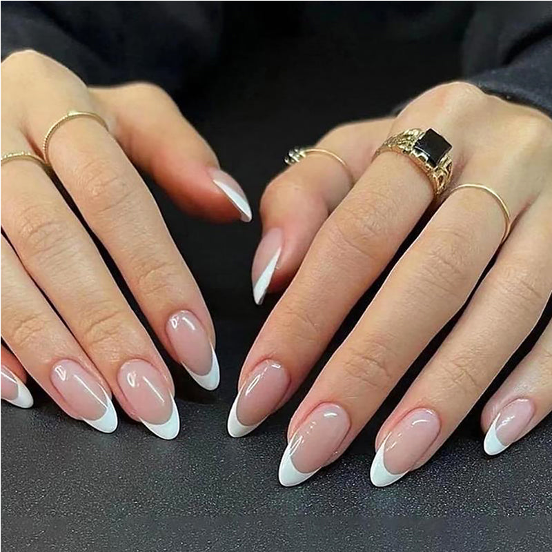 24 PCS  Nail Art With Short Circles Press On Nails Short Almond Nails Oval French Tip Nails