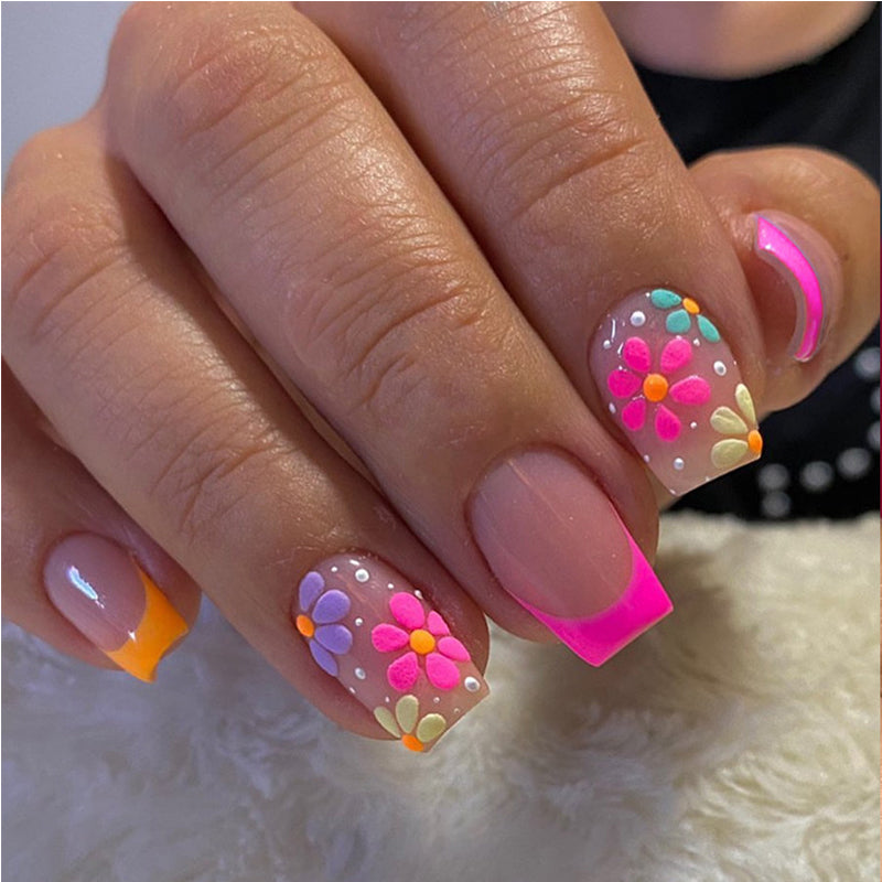 24 PCS Press On Nails Short Square  With Nail Glue French  Flower Designs Acrylic Full Cover Stick For Women