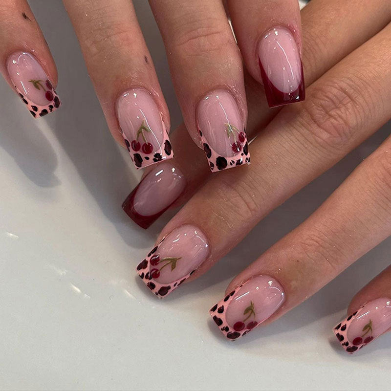 Mid-length European Dark Red French Cherry 24-piece Press-on Nails