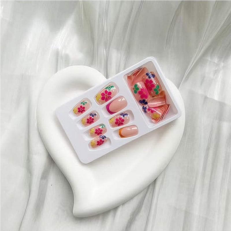 24 PCS Press On Nails Short Square  With Nail Glue French  Flower Designs Acrylic Full Cover Stick For Women