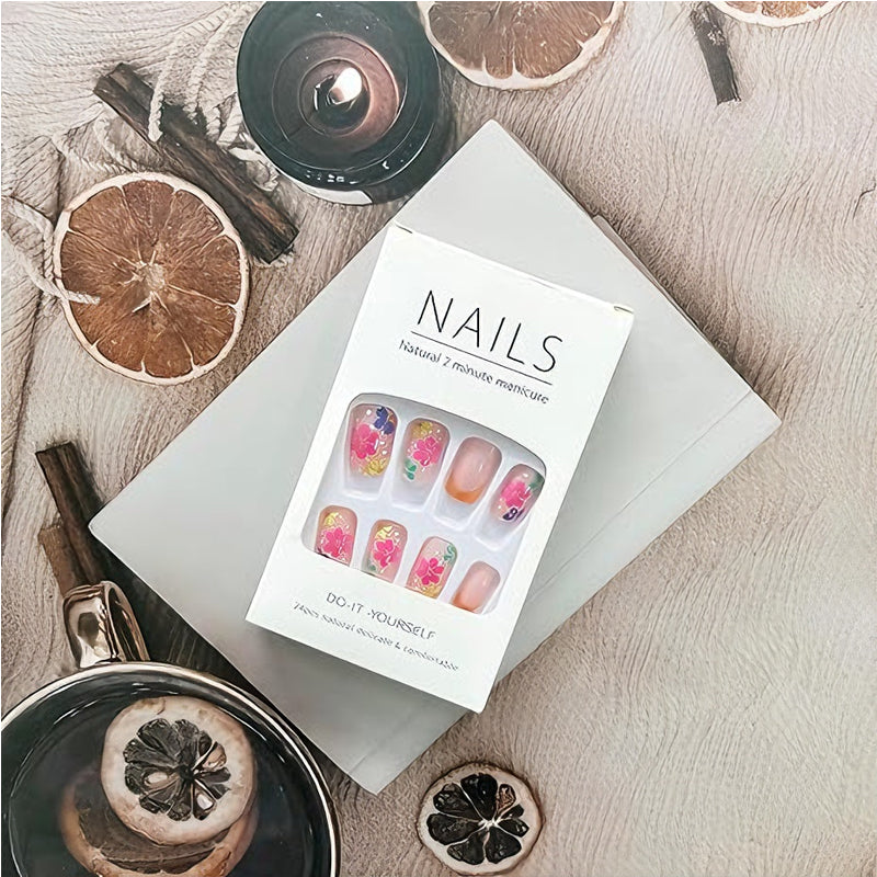 24 PCS Press On Nails Short Square  With Nail Glue French  Flower Designs Acrylic Full Cover Stick For Women
