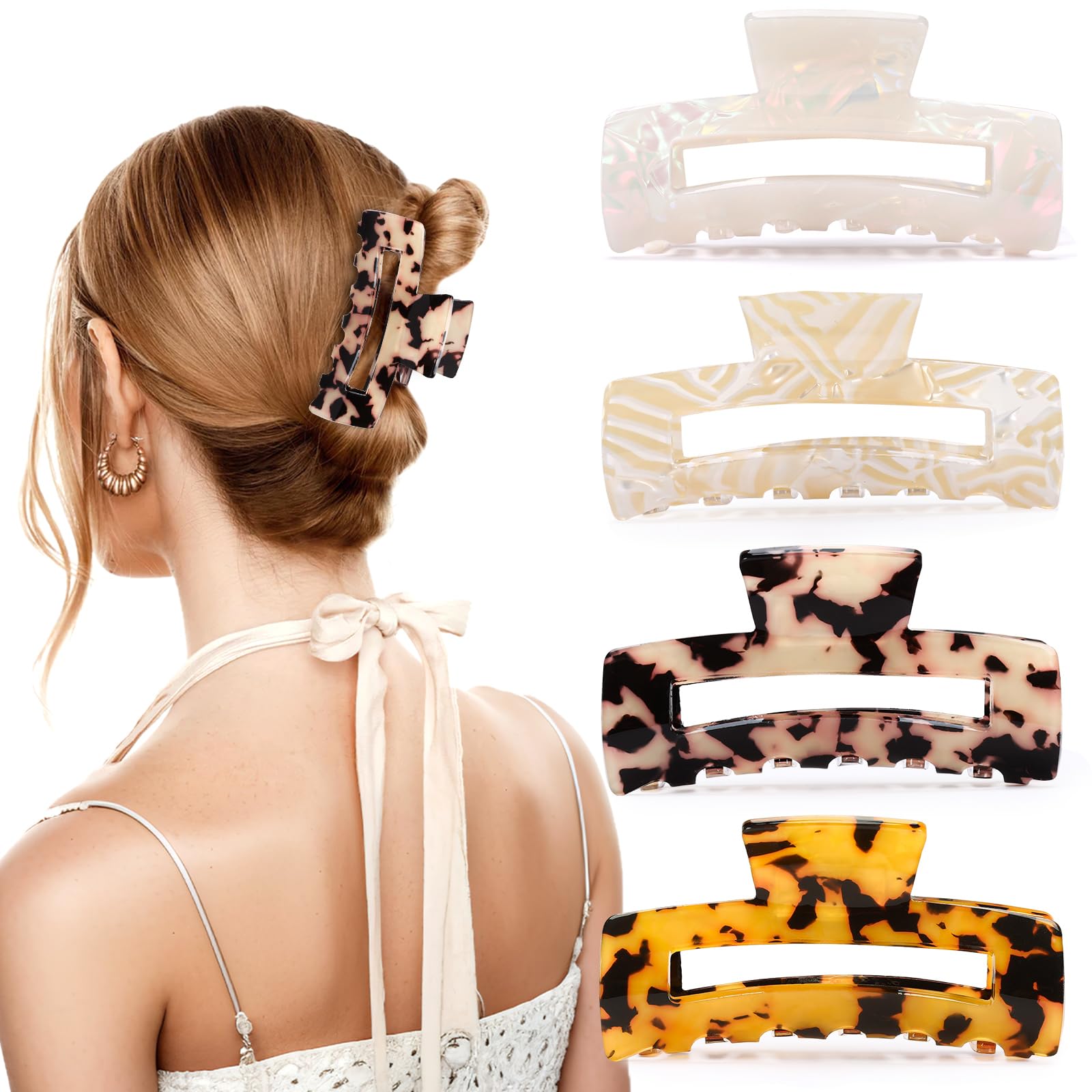4Pcs Tortoise Hair Claw Clips, Acetate Hair Claw Clip Acrylic French Hair Banana Barrettes Jaw Clips, Stylish Hair Accessories For Women 3.15 Inch Fashion Strong Hold For Thick Thin Hair,