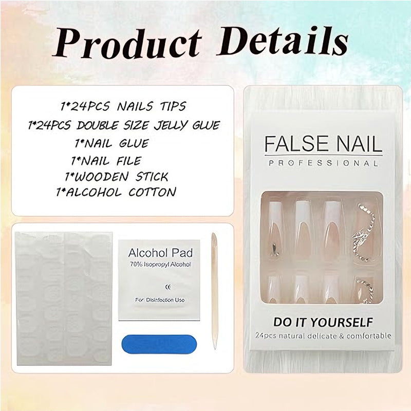 24 PCS White Flower Diamond Butterfly Nail Art, Long Length Long Water Pipe Fake Nails,Square Head Nail Tips False Nail