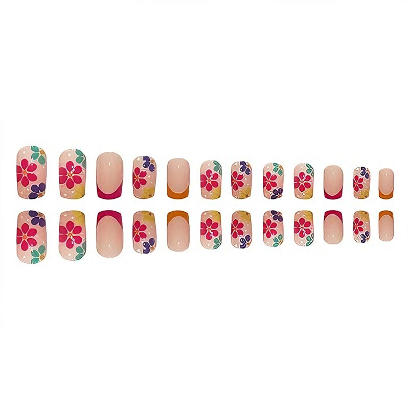 24 PCS Press On Nails Short Square  With Nail Glue French  Flower Designs Acrylic Full Cover Stick For Women